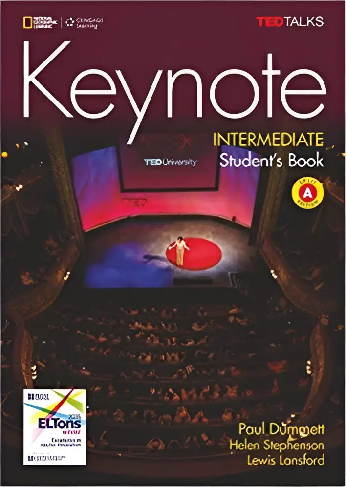 De omslag van keynote intermediate students book split toont een levendig podium met een spreker op een rood platform in een auditorium