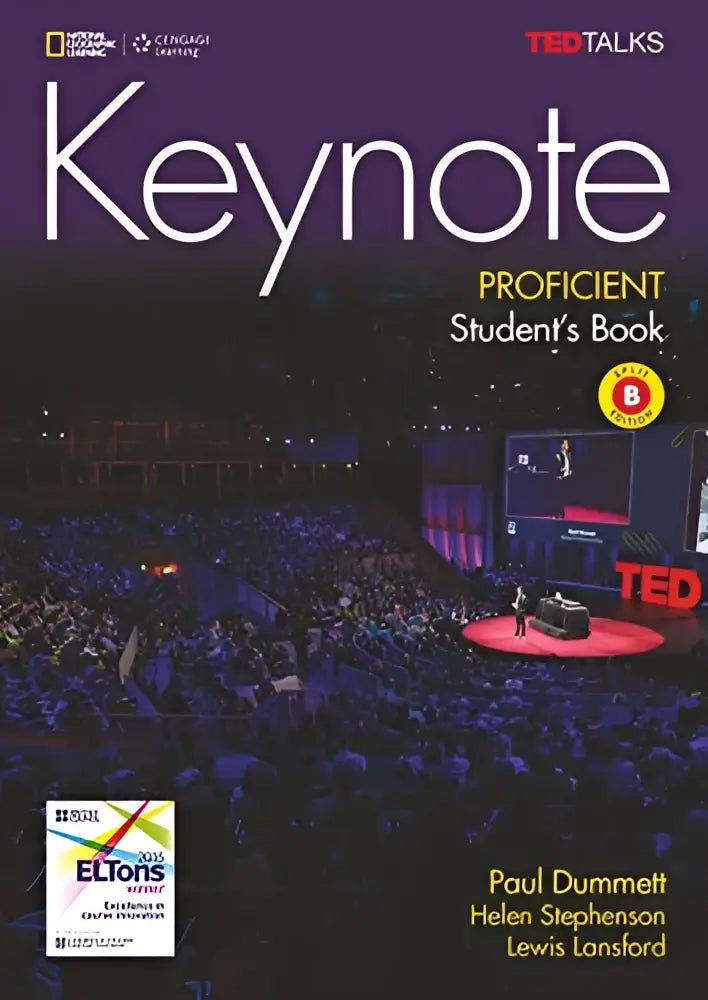 De cover van het keynote proficiency students book split b heeft een paarse achtergrond met wit en geel tekst en een ted talk afbeelding voor snelle levering