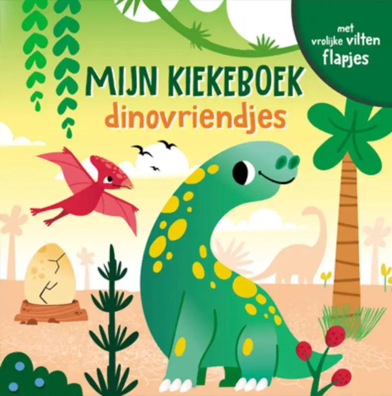 Illustratie van een groene dinosaurus met gele vlekken op vrolijke vilten flapjes in mijn kiekeboek dinovriendjes