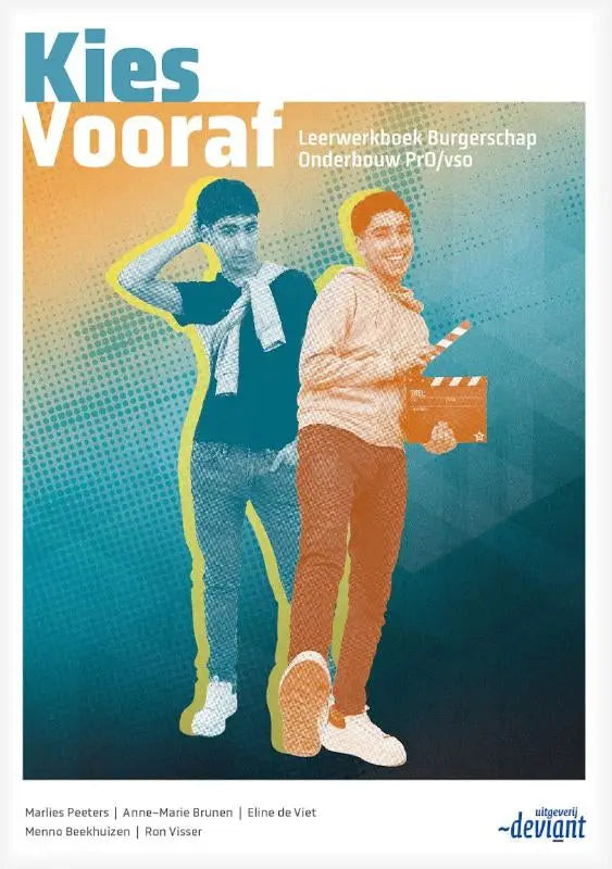 De cover van het kies vooraf leerboek toont twee jonge mannen in gestileerde kleding tegen een gradiënt achtergrond, anke taube, anne-marie brunen, daphne kievit