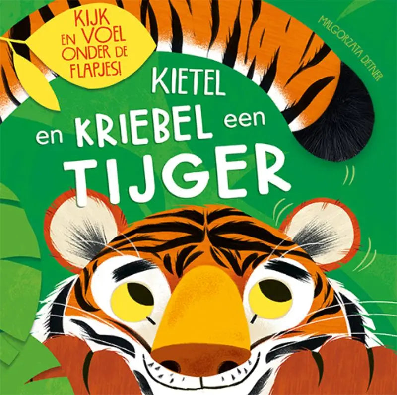 Illustratie van een levendige oranje zwarte tijger met gele ogen op de kinderboekcover kietel en kriebel een tijger voor jonge lezers