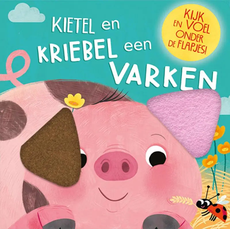 Een vrolijk roze varken met bruine vlekken en een gele bloem op het hoofd in kijk en voel boek voor jonge lezers