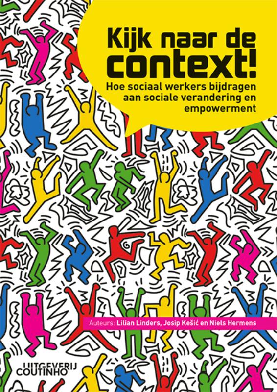 Kleurrijke gestileerde boekcover Kijk naar de context! met dynamische figuren op witte achtergrond