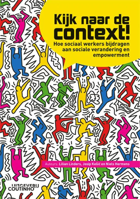 Kleurrijke gestileerde boekcover Kijk naar de context! met dynamische figuren op witte achtergrond