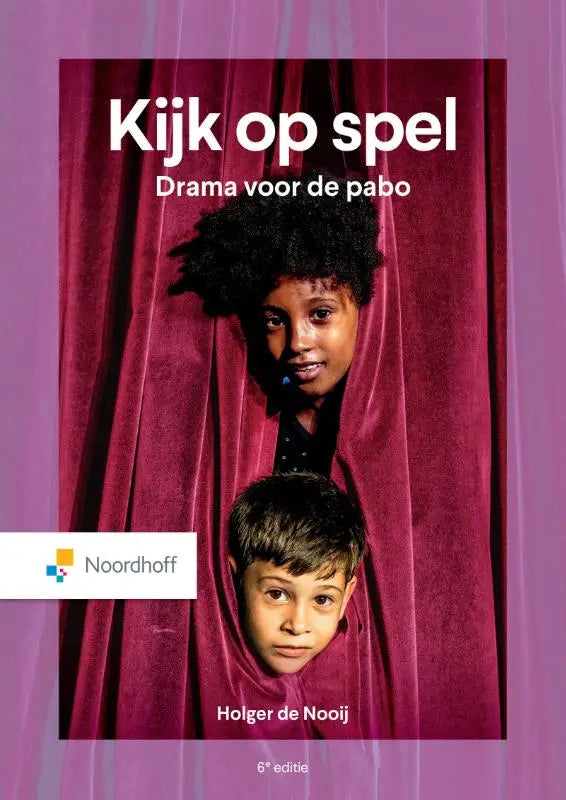 De kinderboek kijk op spel toont een dieprode fluwelen gordijn met twee kinderen die erdoorheen gluren