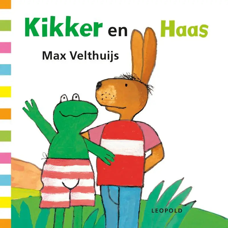 Kinderboek kikker en haas met een groene kikker en oranje konijn in kleurrijke gestreepte kleding