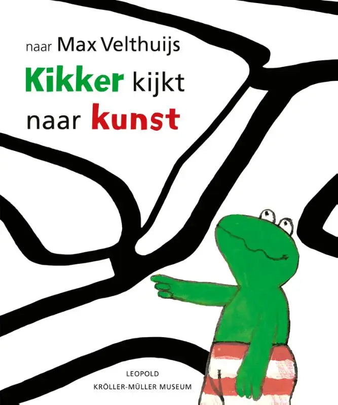Groene kikker draagt rood wit gestreepte korte broek in kinderboek kikker kijkt naar kunst voor jonge lezers