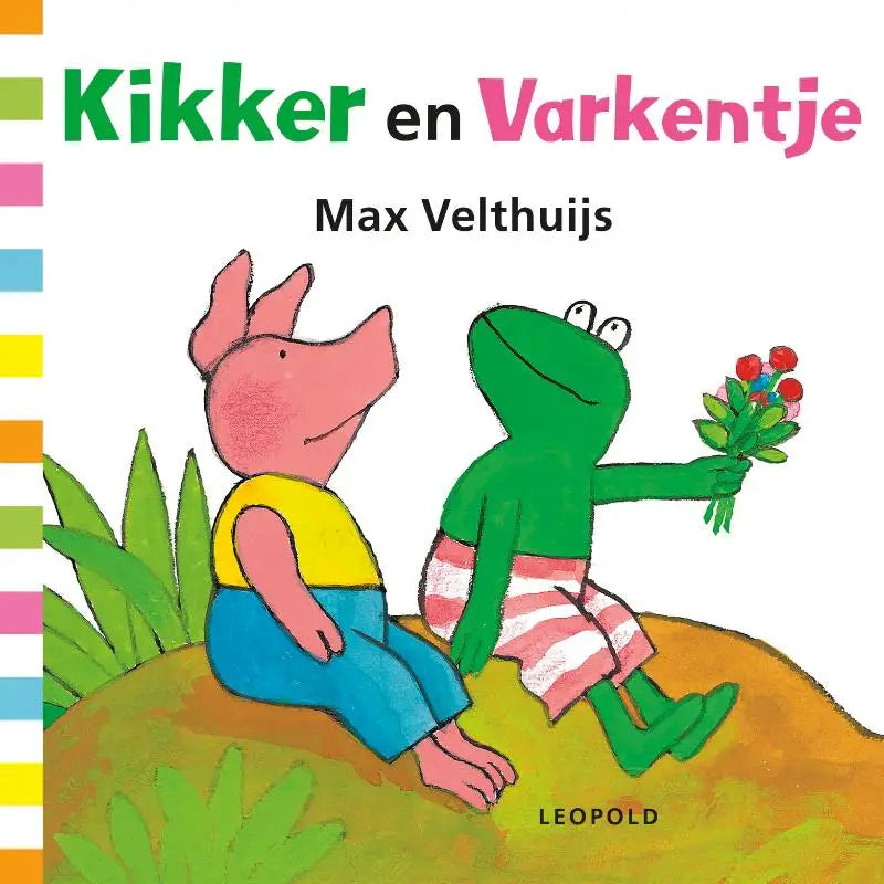 Kleurijk kinderboek voor jonge lezers met een roze varken en groene kikker in cartoonstijl kikkeren varkentje max velthuijs