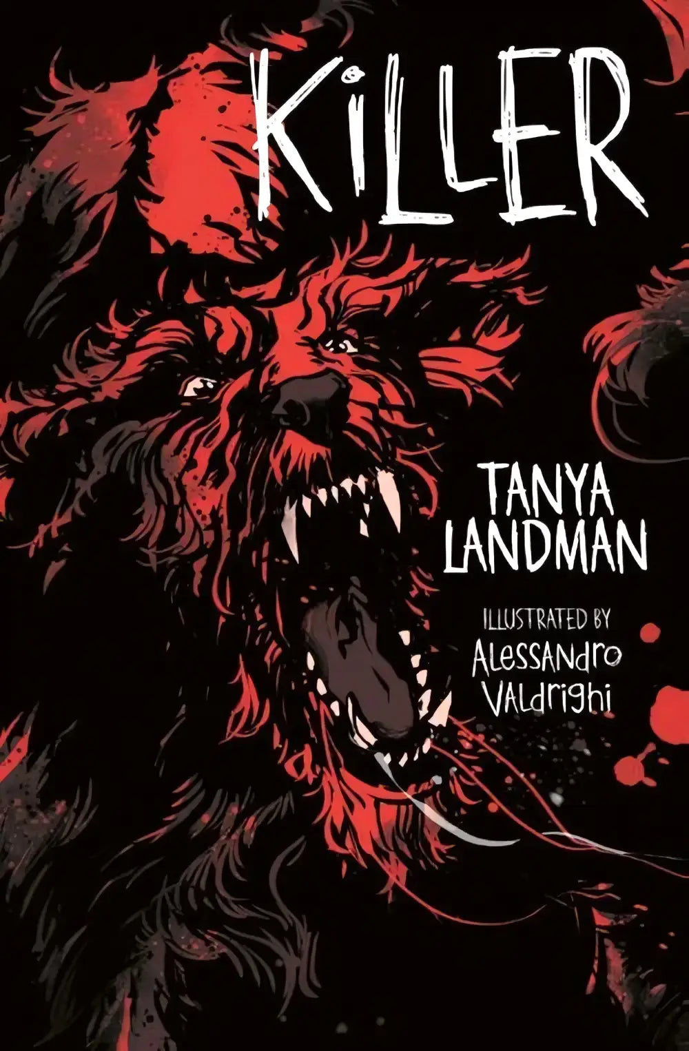 Red and black illustrated dyslexia-friendly cover of the graphic novel killer by tanya landman