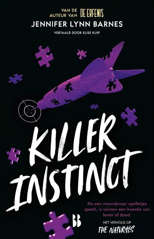 Paarse glitterende rocket met puzzelstukjes ontwerp voor killer instinct spel van jennifer lynn barnes op donkere achtergrond