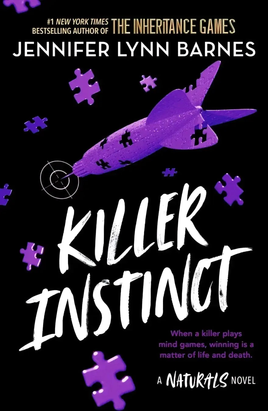 Cover van het boek killer instinct the naturals 2 van jennifer lynn barnes met een paarse raket in puzzelstukpatroon