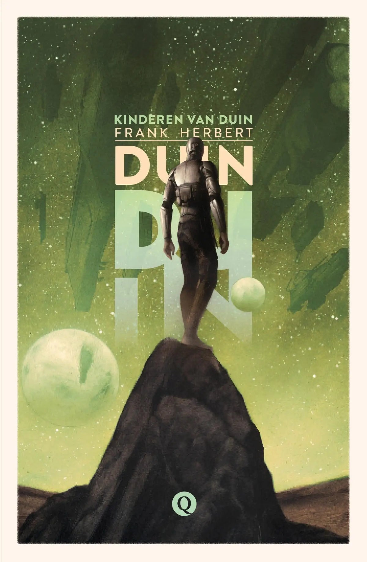 A stylized armored figure stands on a dark rocky peak under a green sky with floating planets for kinderen van duin by frank herbert science fiction