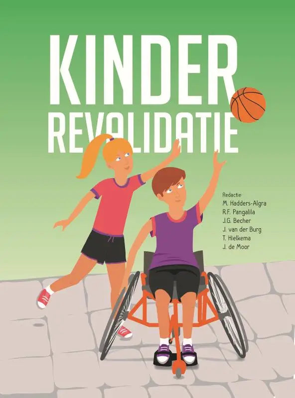 Oranje basketbal in de lucht boven twee spelende kinderen op een verharde ondergrond kinderrevalidatie medische studie