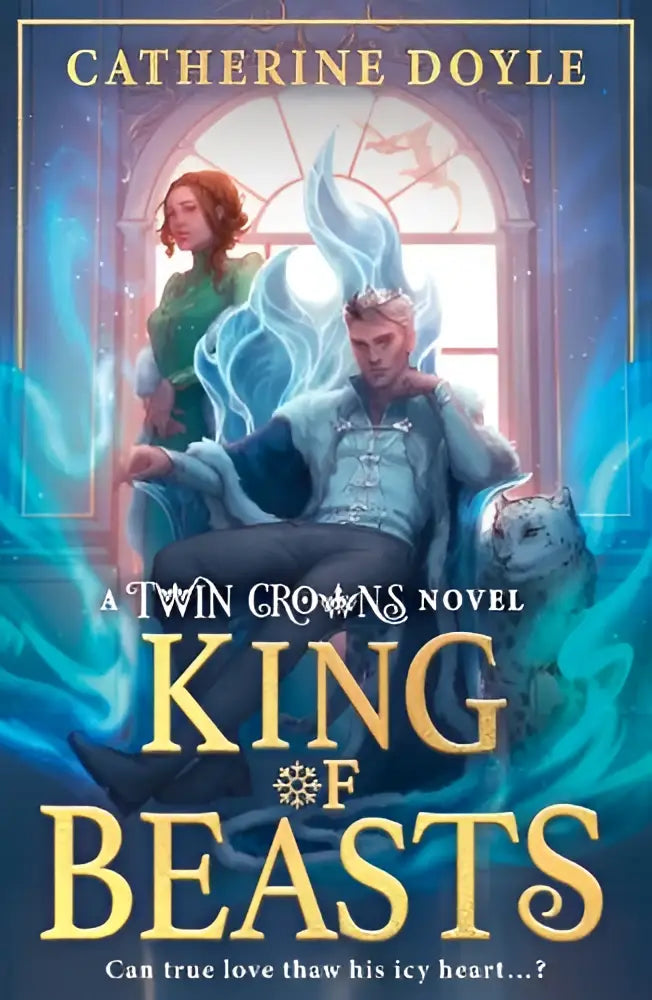 De boekomslag van king of beasts door catherine doyle toont een man met wit haar en een vrouw in groen bij een gebogen raam