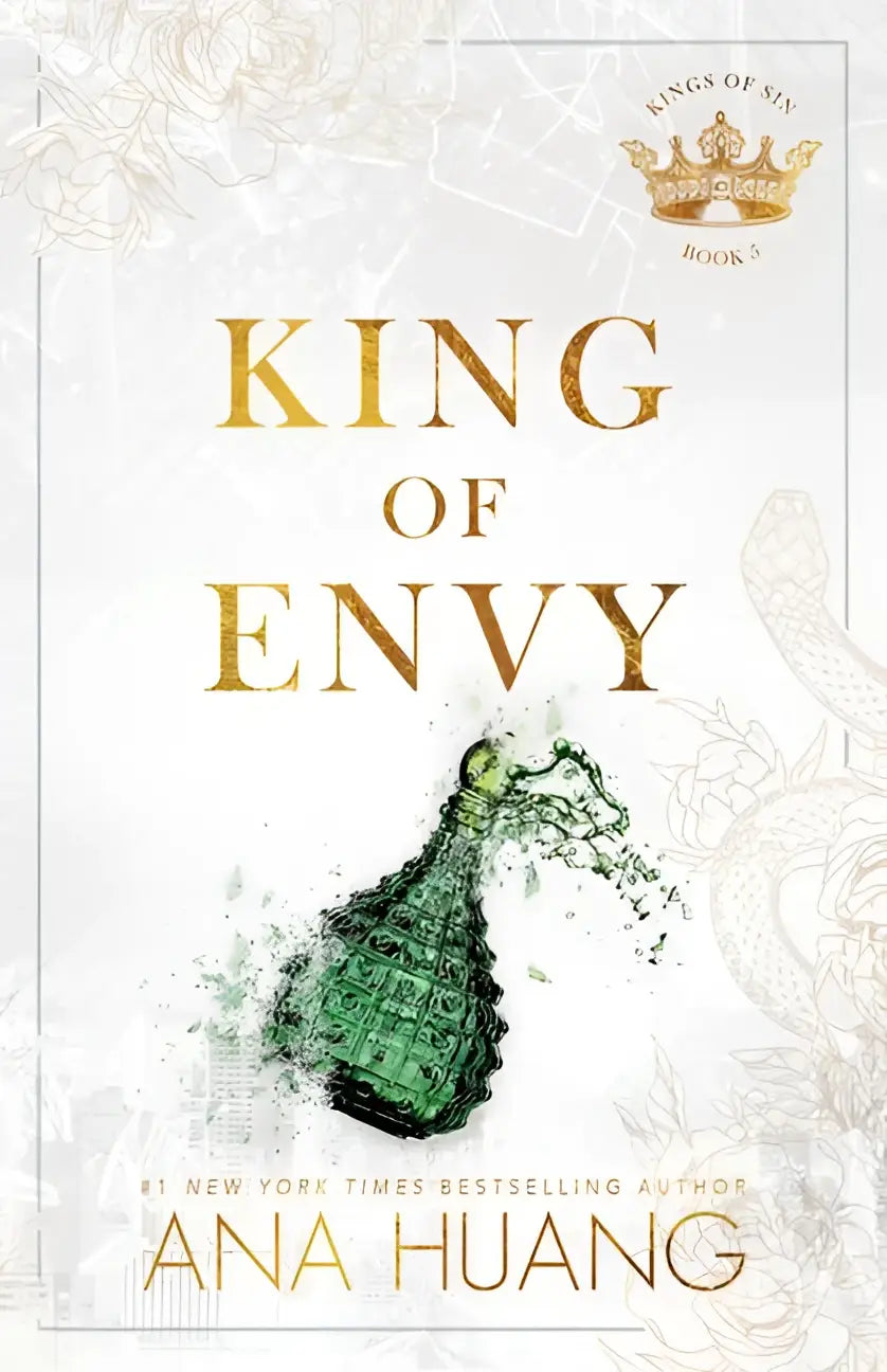 Illustratie van een groen sierlijk parfumflesje op de voorkant van king of envy 5 van ana huang gluttony book booktok romance intense aantrekkingskracht