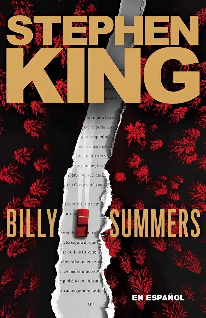 Portada del libro billy summers de stephen king spanish edition con diseño de coche rojo sobre papel rasgado