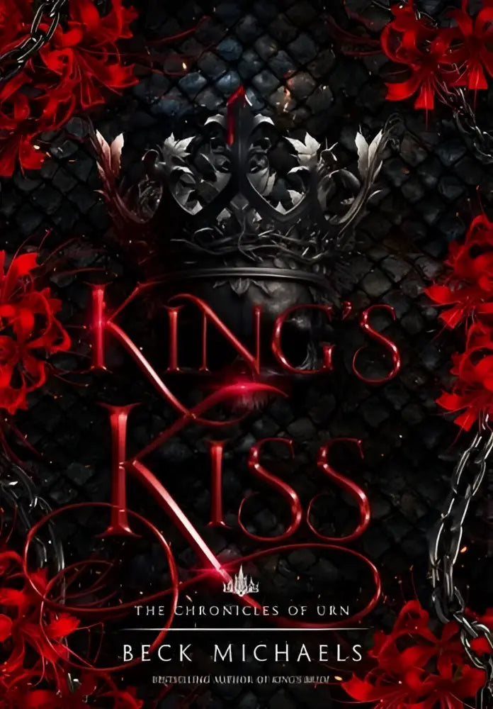 The book cover of king’s kiss by pluma press features a black and red design with a silver crown and crimson flowers
