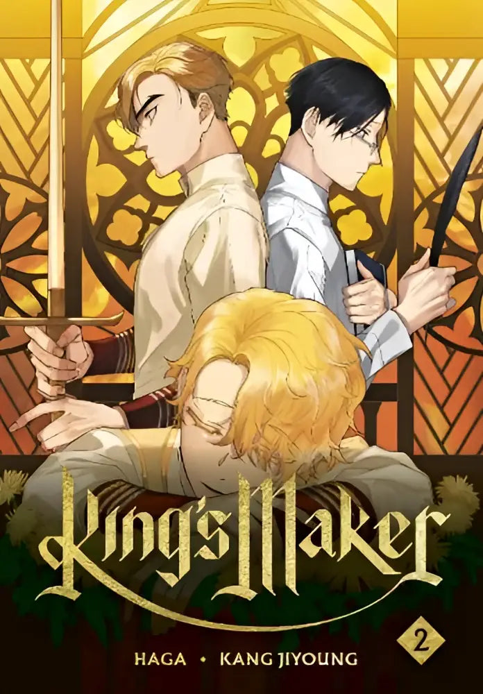 De cover van king’s maker volume 2 manga toont drie personages in historische kleding tegen een glas-in-loodraam