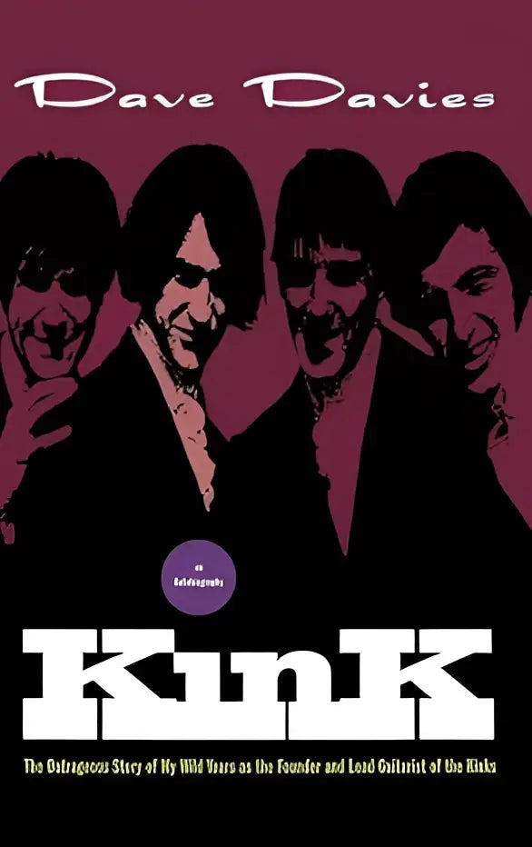 De boekomslag van kink een autobiografie toont de kinks in witte letters op een dieprode achtergrond door dave davies
