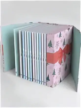 Pastelroze en mintgroene notitieboek met rood lint tie geschikt voor originele kerstnovelles en advent calendar