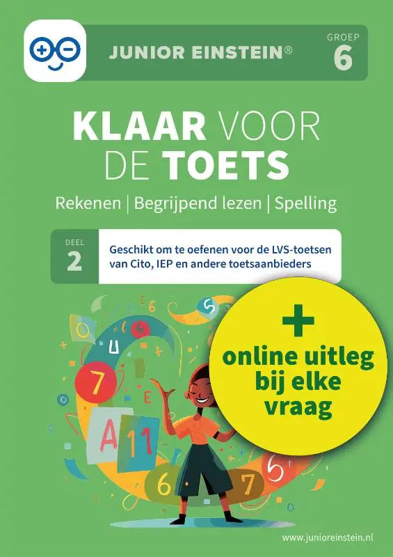Groen bedekt junior einstein werkboek voor groep 6 met cartoonkind en educatieve iconen geschikt voor andere toetsaanbieders