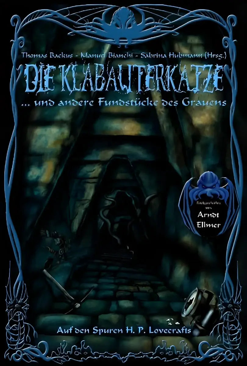 Donkerblauwe en zwarte geïllustreerde boekenkaft met gotisch kader, trap naar schaduw en octopusembleem bij klabauterkatze und andere fundstücke