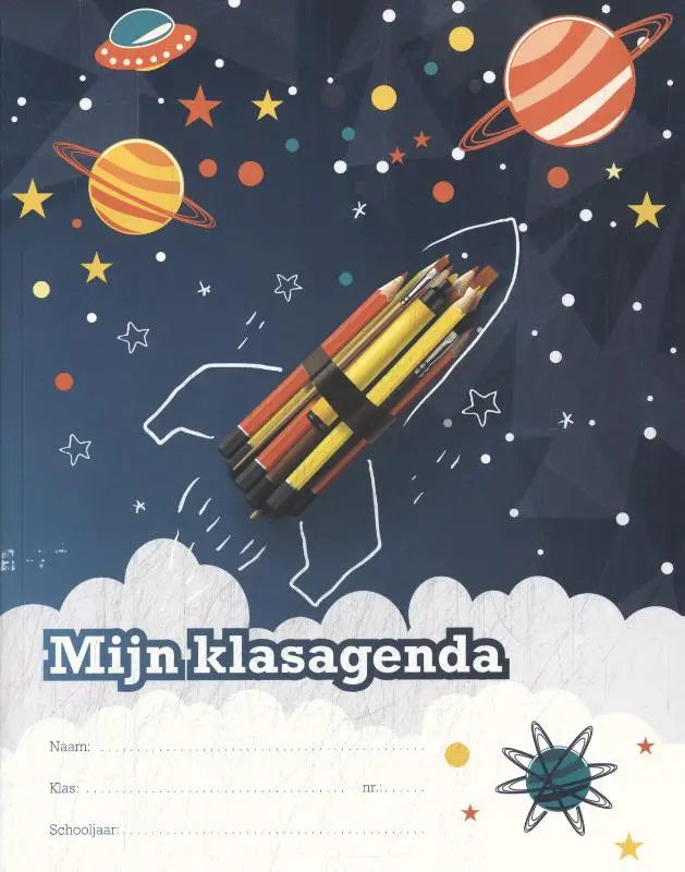 Mijn klasagenda met kleurrijk potlood raket ontwerp op donkerblauwe ruimte thema kaft