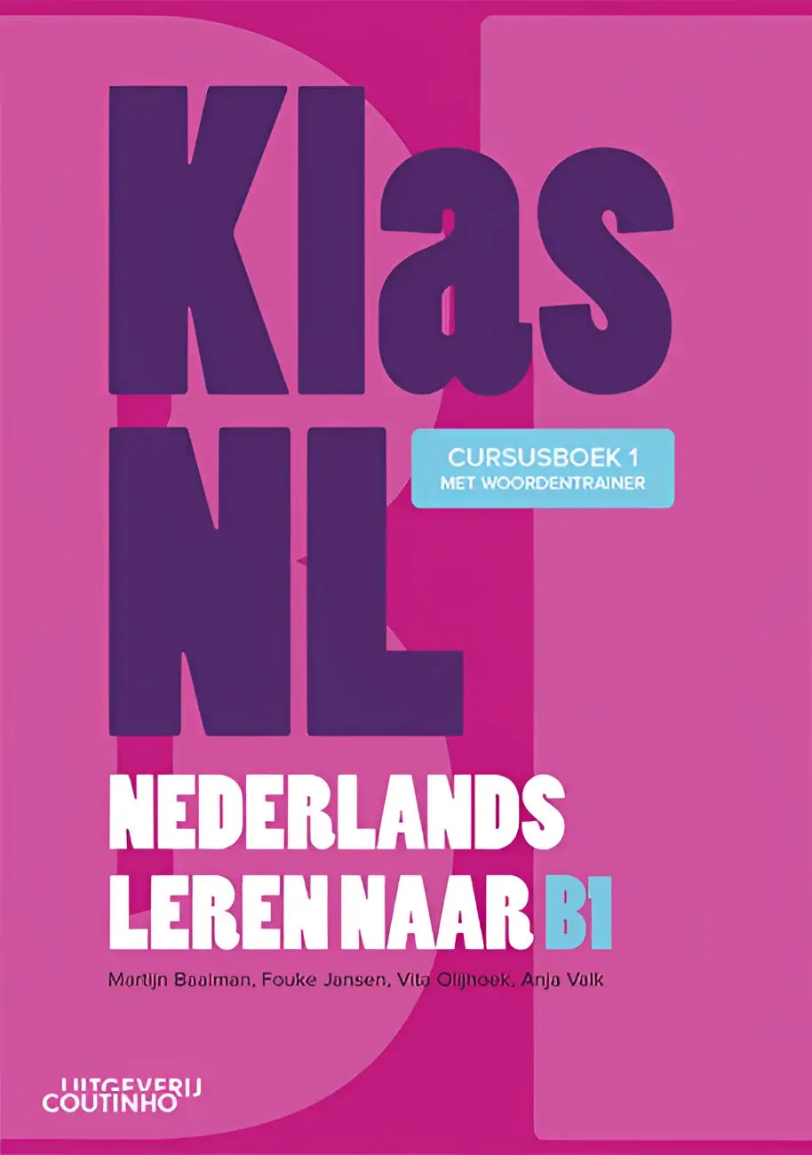 Vibrant roze cover van klas nl nederlands leren b1 cursusboek met paarse en witte typografie voor dagelijks leven en brede variatie