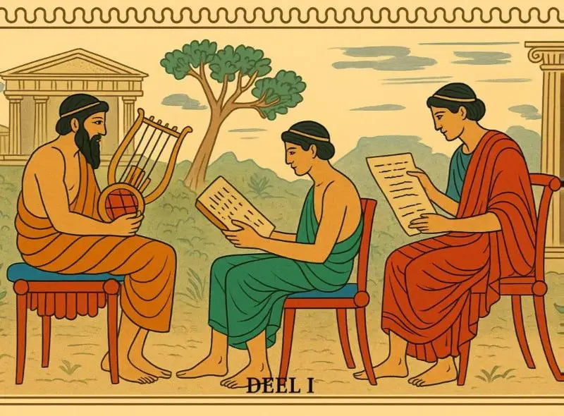 Klassiek grieks leren met stripjes en ai deel i toont een klassieke illustratie van drie figuren in antieke griekse kleding