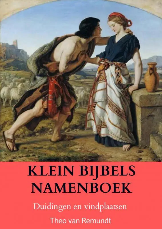 De cover van het klein bijbels namenboek toont een klassieke schildering met twee figuren en een rode banner