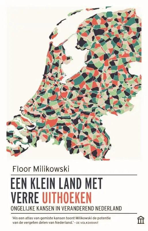 Een kleurrijke mozaïekkaart van Nederland op de boekomslag van Een klein land met verre uithoeken door Floor Milikowski