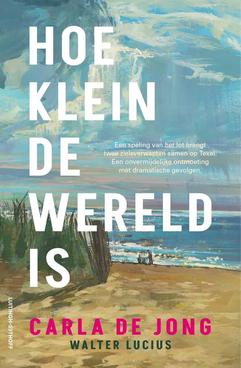 De literaire roman hoe klein de wereld is door carla de jong met witte tekst op een strandschilderij, uitgever luitingh sijthoff