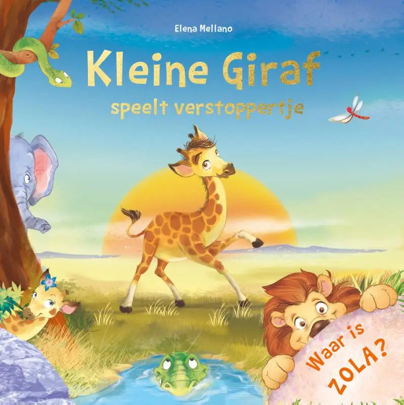 Vibrante kinderboekencover van kleine giraf speelt verstoppertje met bruine en crème vlekken tegen savanne achtergrond
