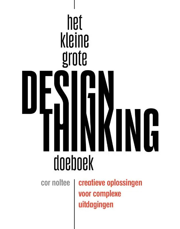 Het kleine grote design thinking doeboek met zwarte en rode tekst op witte achtergrond voor creatieve oefeningen
