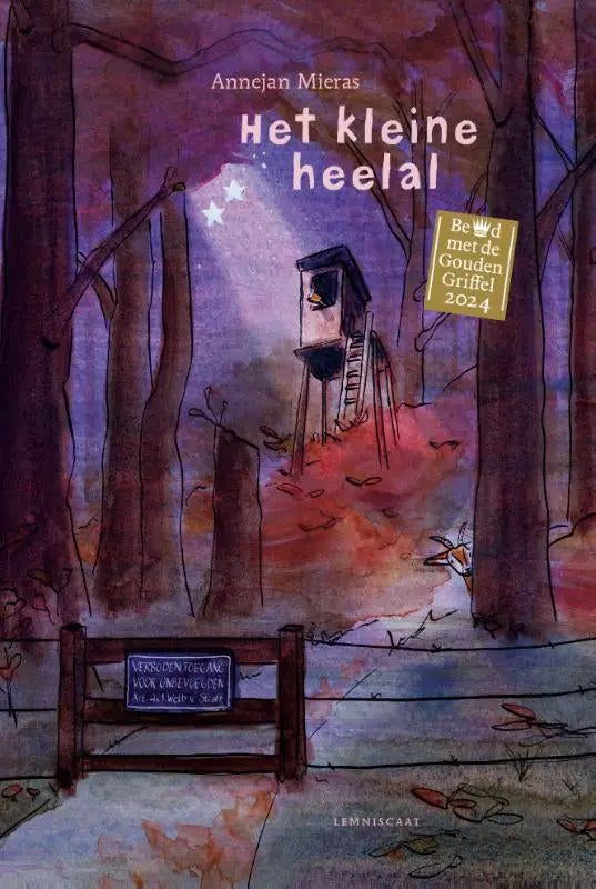 Cover van het kinderboek het kleine heelal van annejan mieras met een fantasierijke boomhuisillustratie in paars en oranje