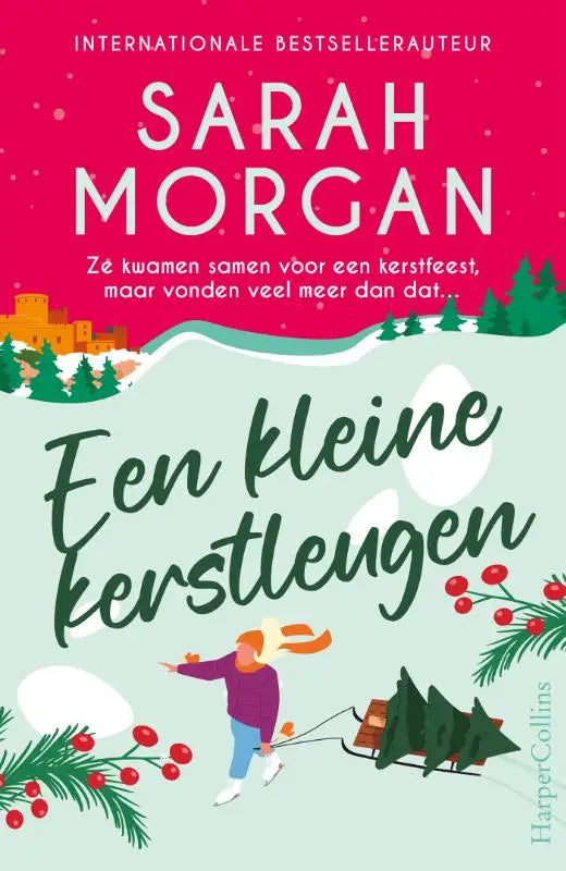 Een kleine kerstleugen boekhoes met een cartoon van een persoon in paarse winterkleding die een slee trekt in een sneeuwlandschap