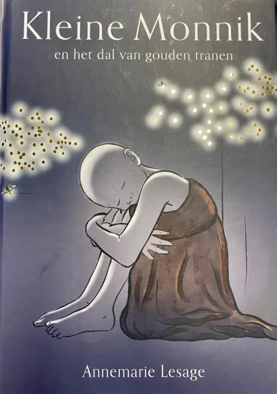 Boekcover kleine monnik en het dal van gouden tranen met een zachte grijsbruine illustratie van een kalme monnik