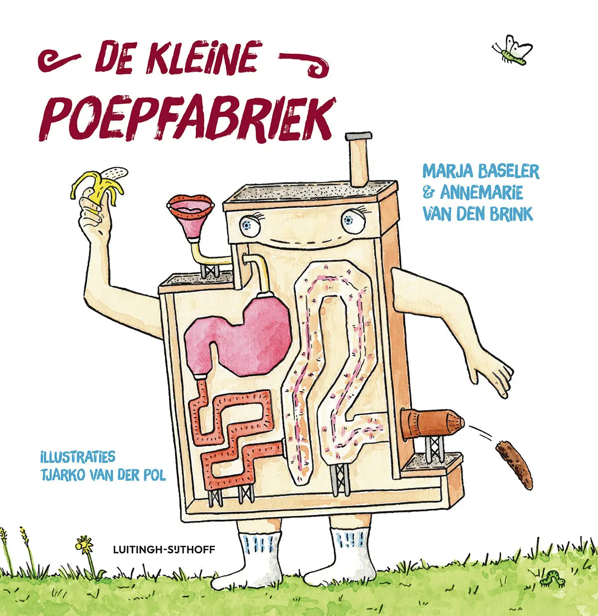 Een houten robot met een roze buik en oranje darmen houdt een banaan vast in de kleine poepfabriek voor jonge lezers