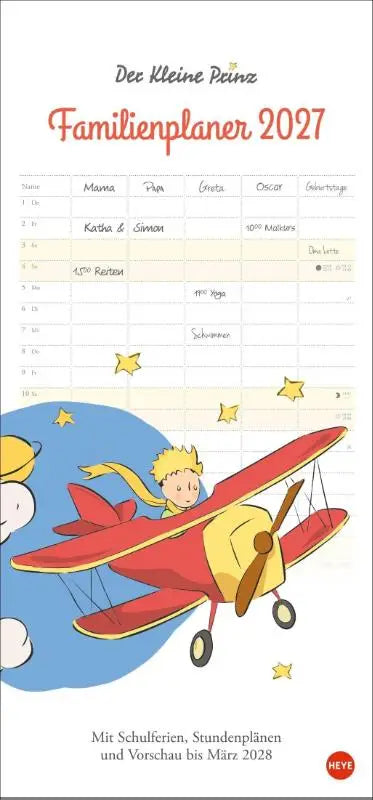 Illustratie van een roodgele biplane met blonde jongen als piloot op de cover van der kleine prinz familienkalender 2027