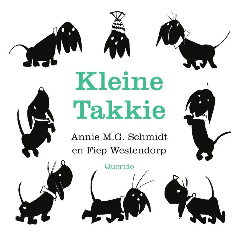 Black silhouetten van speelse honden in verschillende poses rondom de titel kleine takkie voor jonge lezers