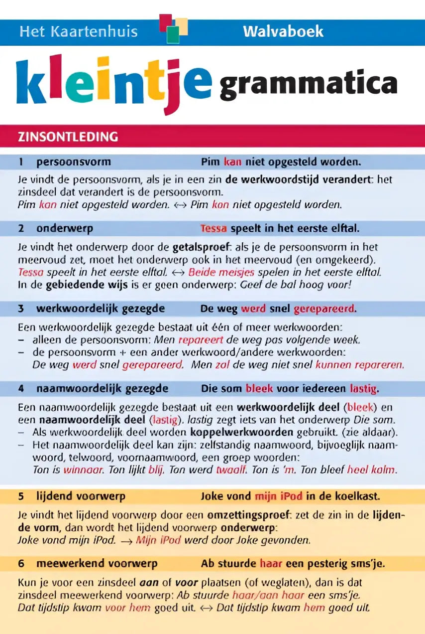 Een kleintje grammatica werkboek van het kaartenhuis met kleurrijke koppen en tekst in blauw, rood, geel en zwart