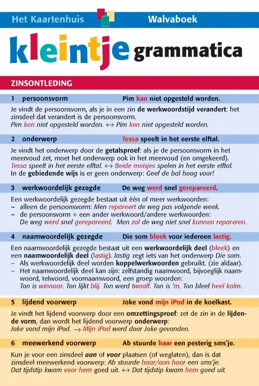 Kleintje grammatica workbook van jan heerze met kleurrijke koppen en tekst in blauw, rood, geel en zwart van educatieve uitgaven algemeen
