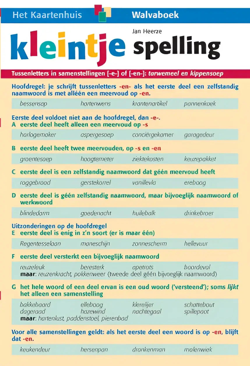 Kleintje spelling dutch workbook by jan heerze with colorful headings and sections for teaching compound word rules