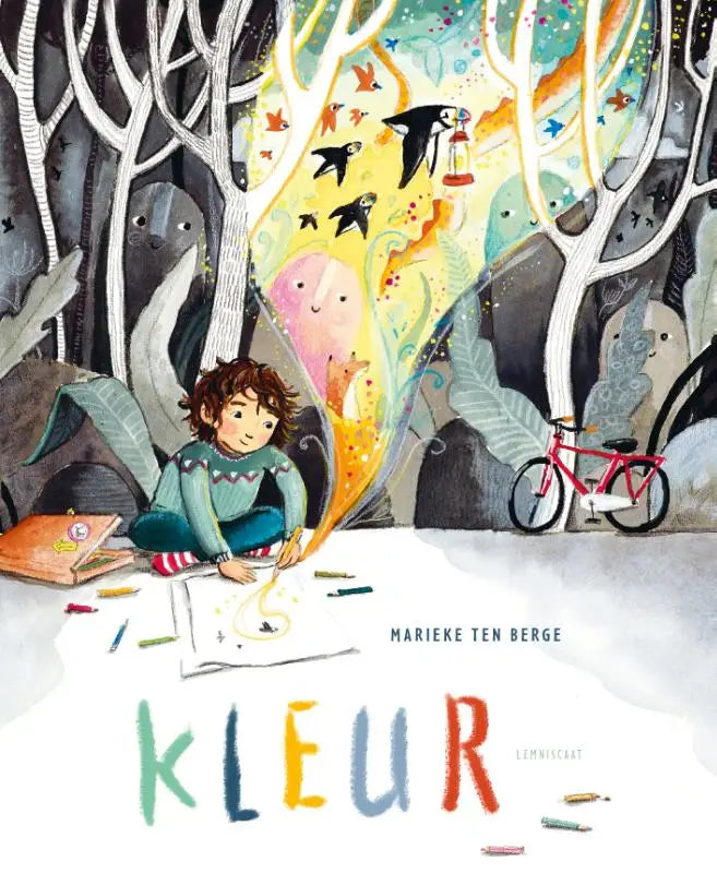 Vibrante illustratie van de kinderboekcover kleur door marieke ten berge met kind dat met krijtjes tekent in magisch bos