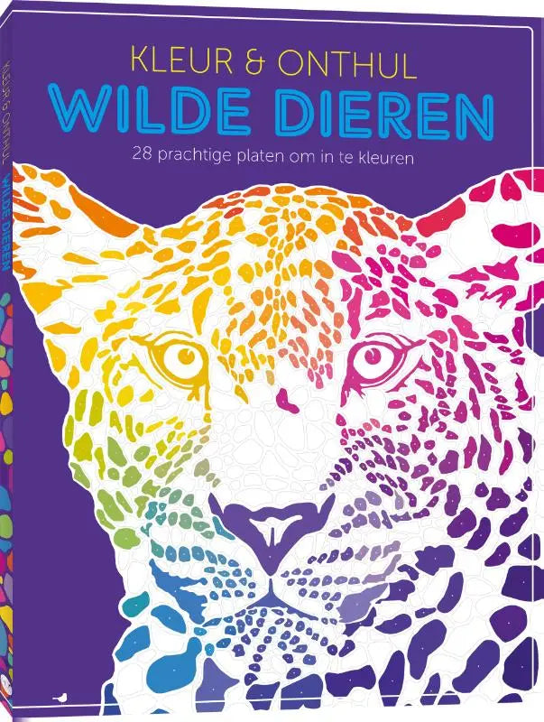 Een levendige regenboogkleurige luipaardillustratie siert de cover van het nederlandstalige kleurboek kleur en onthul wilde dieren met prachtige platen