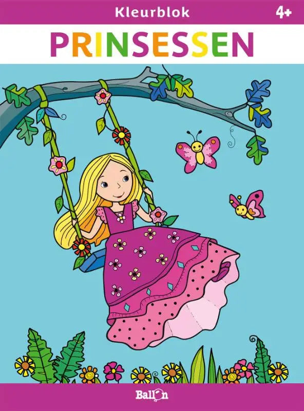 Kleurblok prinsessen kinderboek met kleurrijke cover van blonde prinses in roze jurk zwaaiend aan een slingertouw ballon kids
