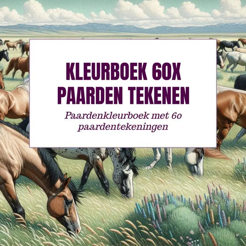 Wit kleurboek 60x paarden met paarse tekst 60x paarden tekenen en illustratie van paarden in een grasveld