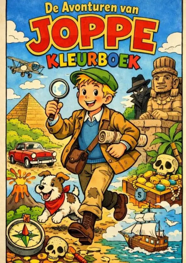 De avonturen van joppe kleurboek met cartoon jongen in groene pet en vergrootglas voor kinderen
