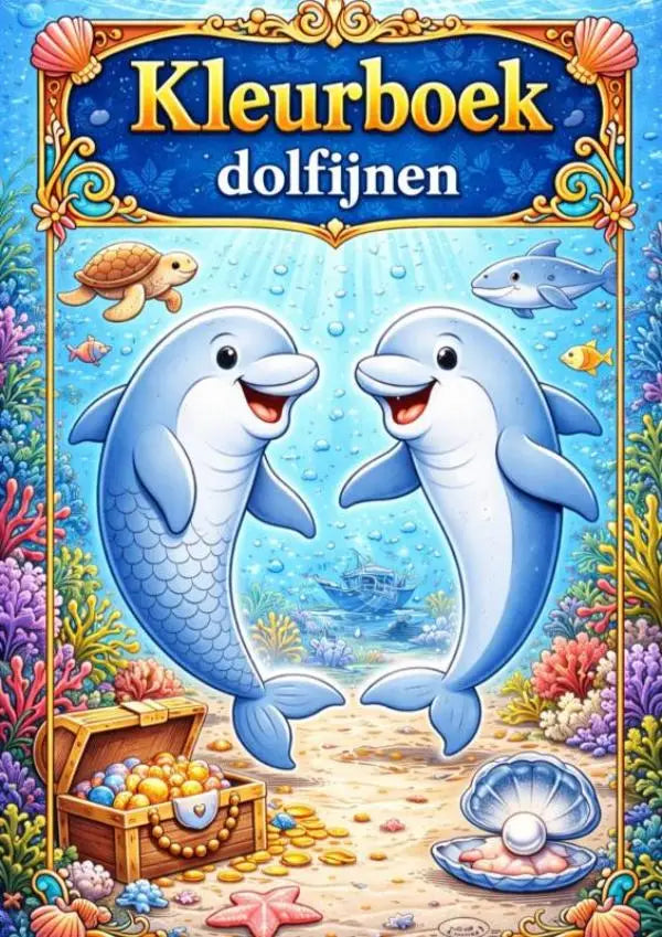 Kleurboek dolfijnen met een blauw dolfijnenthema en een decoratieve kunstvolle gouden en blauwe randontwerp