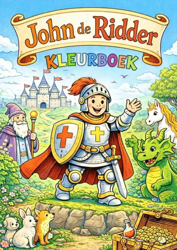 De cover van het kinderen kleurboek john de ridder toont een vrolijke ridder in zilverkleurig harnas met rood cape
